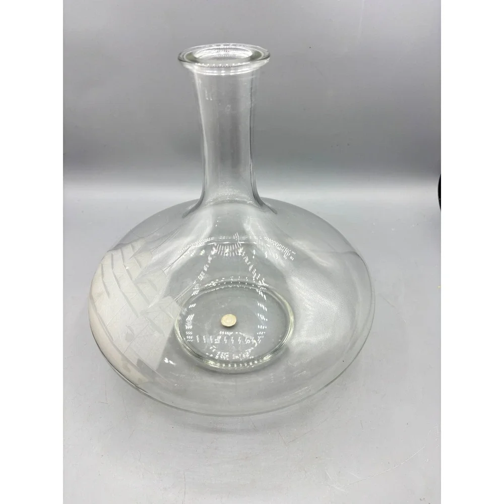 Vintage Etched Glass Ship Decanter Nautical Sailing Vessel with Ball Stopper